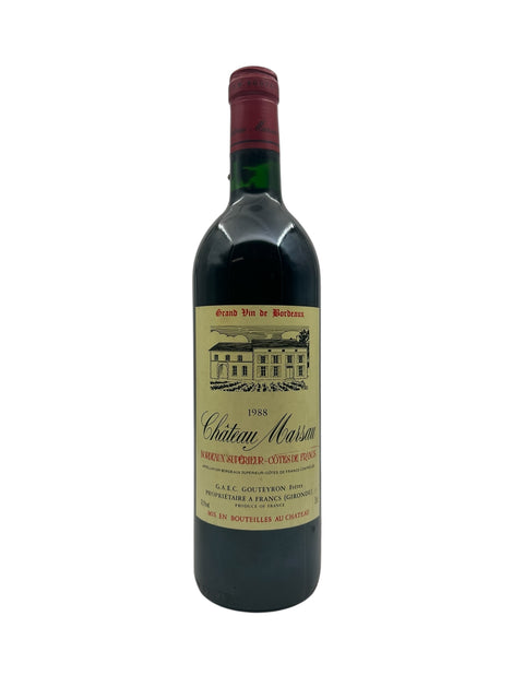 Fles rode wijn van Château Marsau 1988 uit Bordeaux